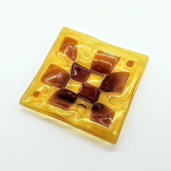 Higgins Studio 1950s Amber Fused Square Glass Plate - Signed - Picture 2 of 6